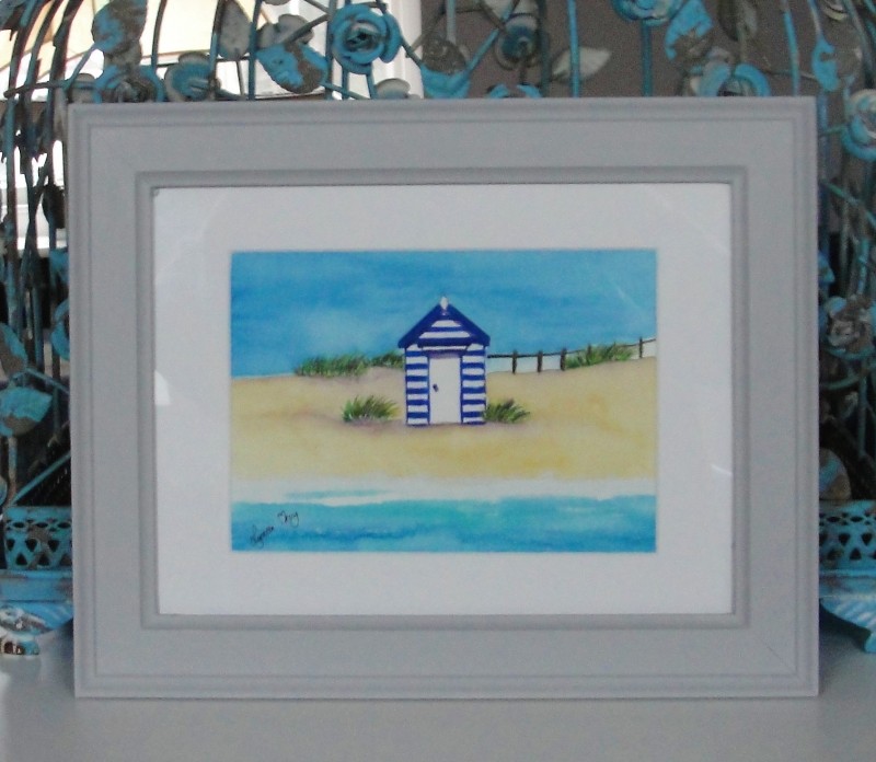 Blue Stripe Beach Hut - Small Framed Original - SOLD