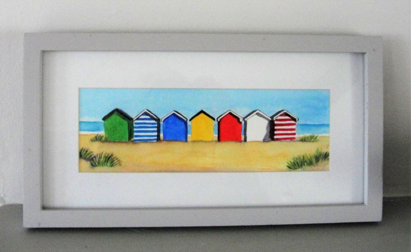 Colourful Beach Huts - Small Framed Original - SOLD