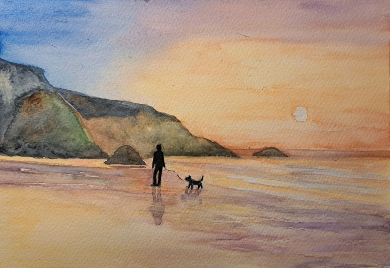 Beach Dog Walk - watercolour £45