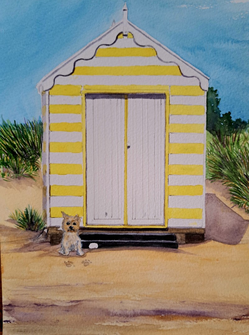 Yellow striped beach hut and dog  original £25