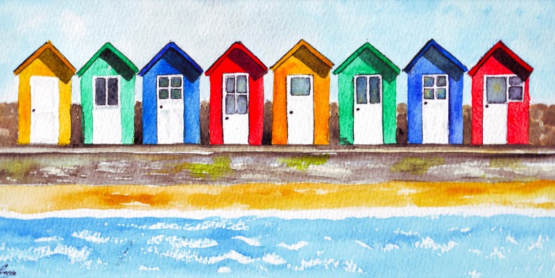 Colourful Beach Huts Card